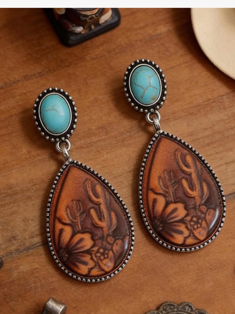 Turquoise & Brown Teardrop Floral Earrings - Western Style